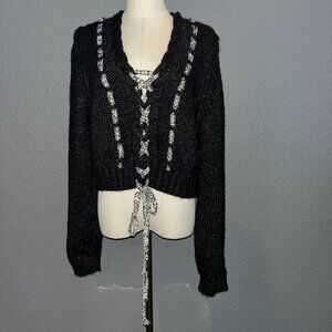 POL Black & Cream Woven Cable Knit Gold Metallic Tweed Lace Up Cropped Sweater M